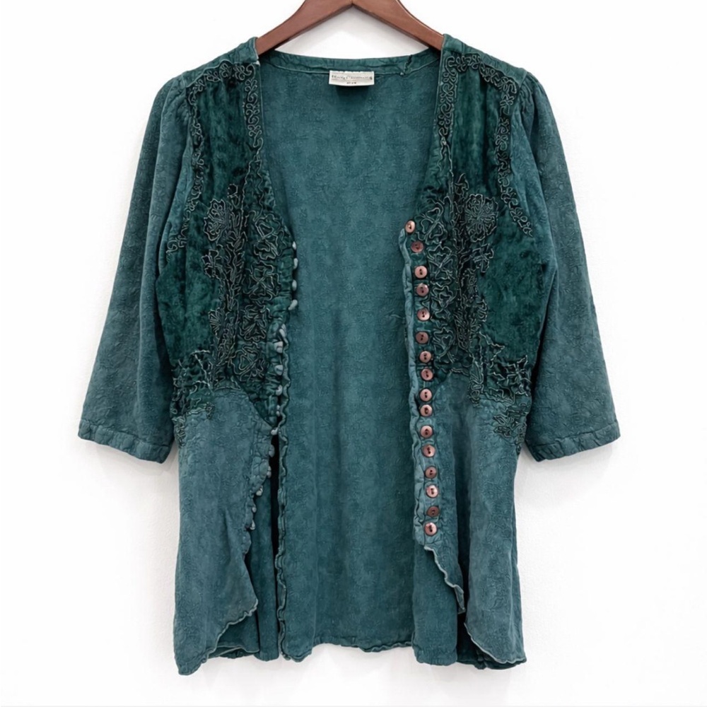 Holy Clothing Renaissance Fairy Velour Top/Blouse Green Embroidery Floral Sz M - Picture 4 of 6